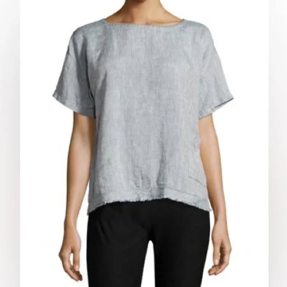 Eileen Fisher Organic Linen Frayed Edge Chambray Patch Pocket Top PS